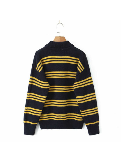 Crosa - Women S Fall Striped Turn Collar Knit Sweater