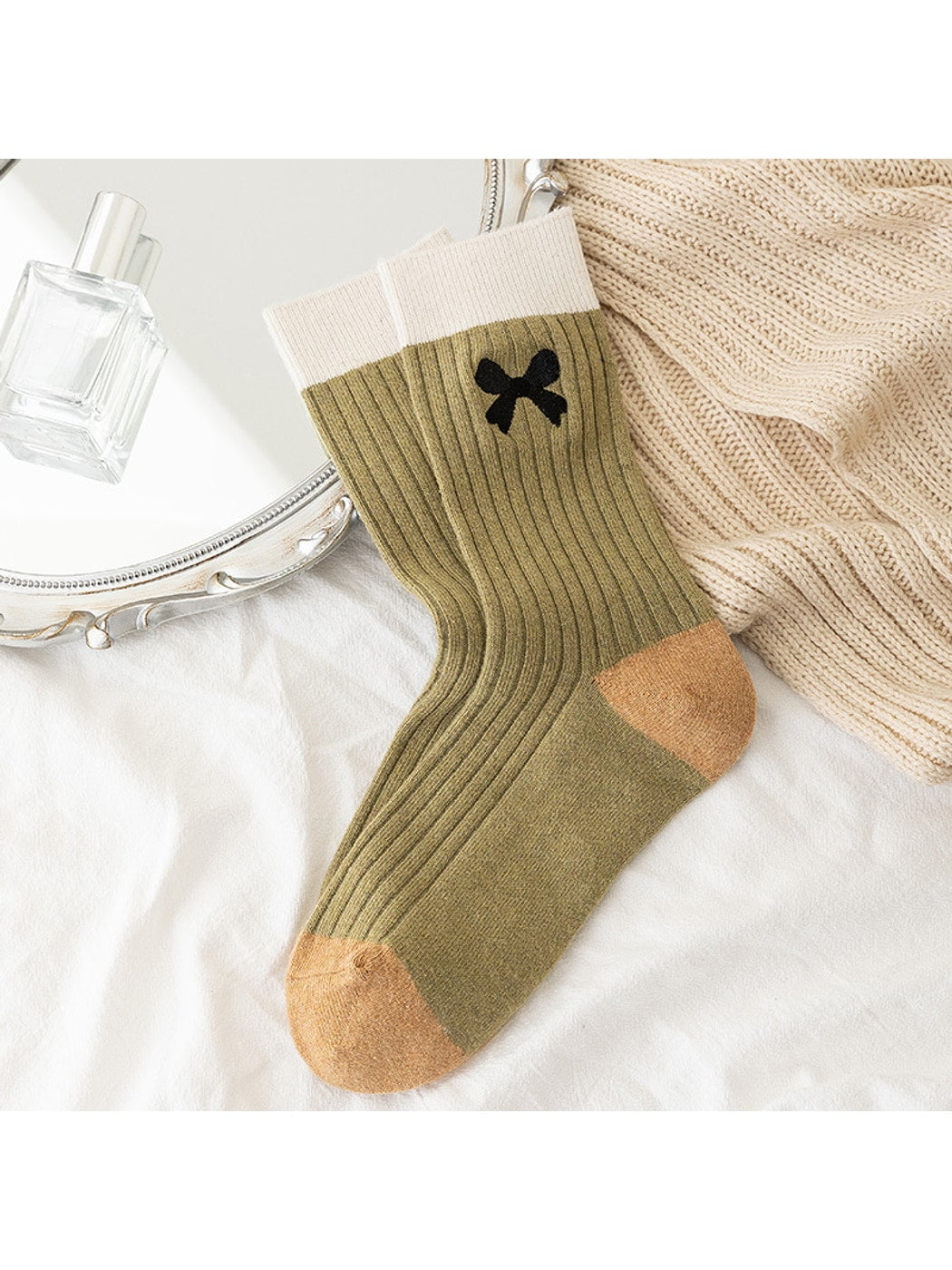 Rufia - Preppy Embroidery Bow Color Block Crew Socks