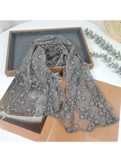 Scarvii - Floral Embroidered Mesh Head and Neck Scarf