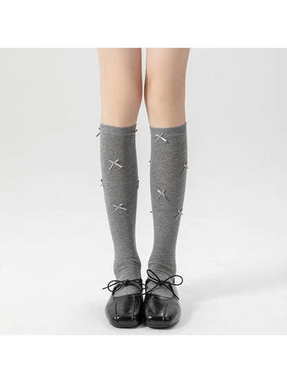 Rufia - Solid Color Bow Accent Knee-high Socks