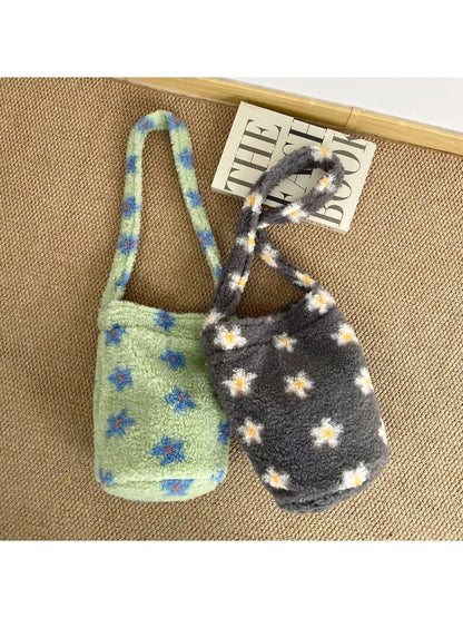 Cosbai – Floral Plush Bucket Shoulder Bag