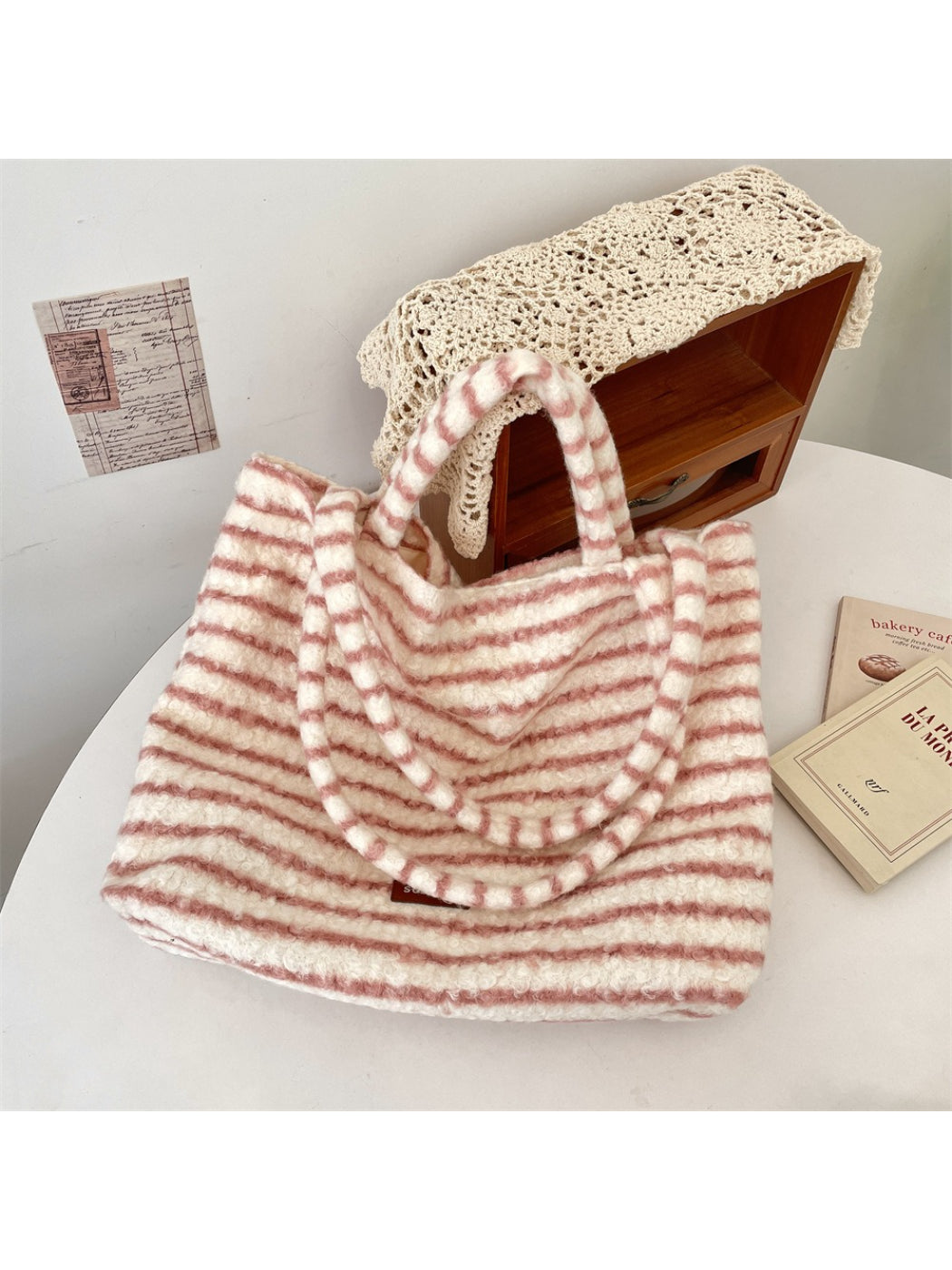 Cosbai - Soft Striped Fuzzy Shoulder Tote Bag