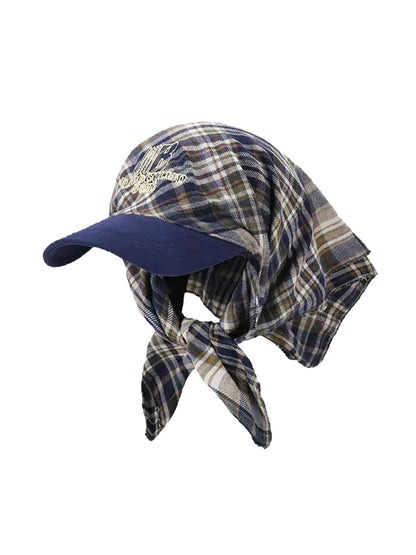 Haila - Plaid Embroidered Tie Back Headscarf Cap