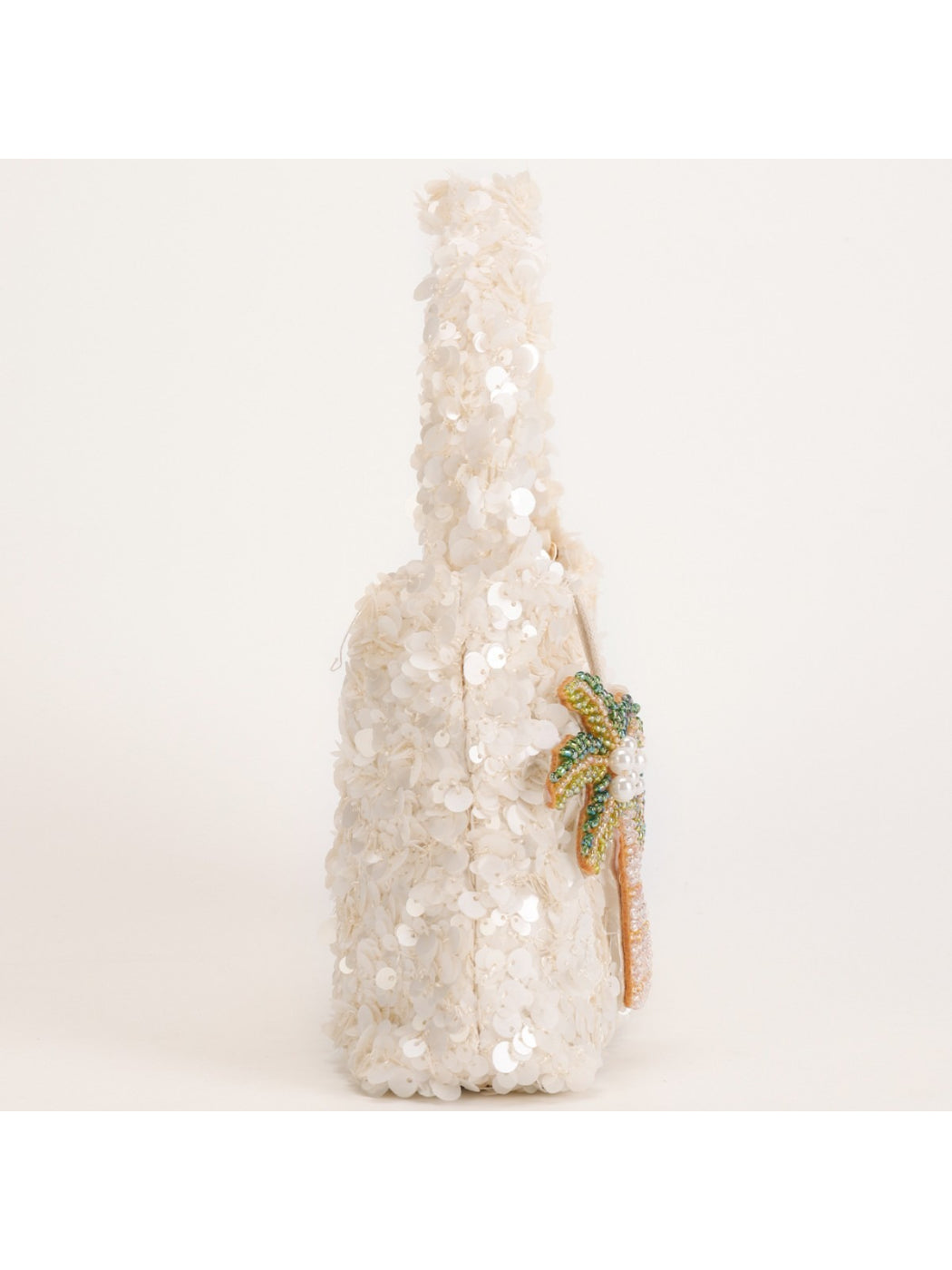 Side view of Cosbai Tropical Sequin Handbag showing gold chain strap