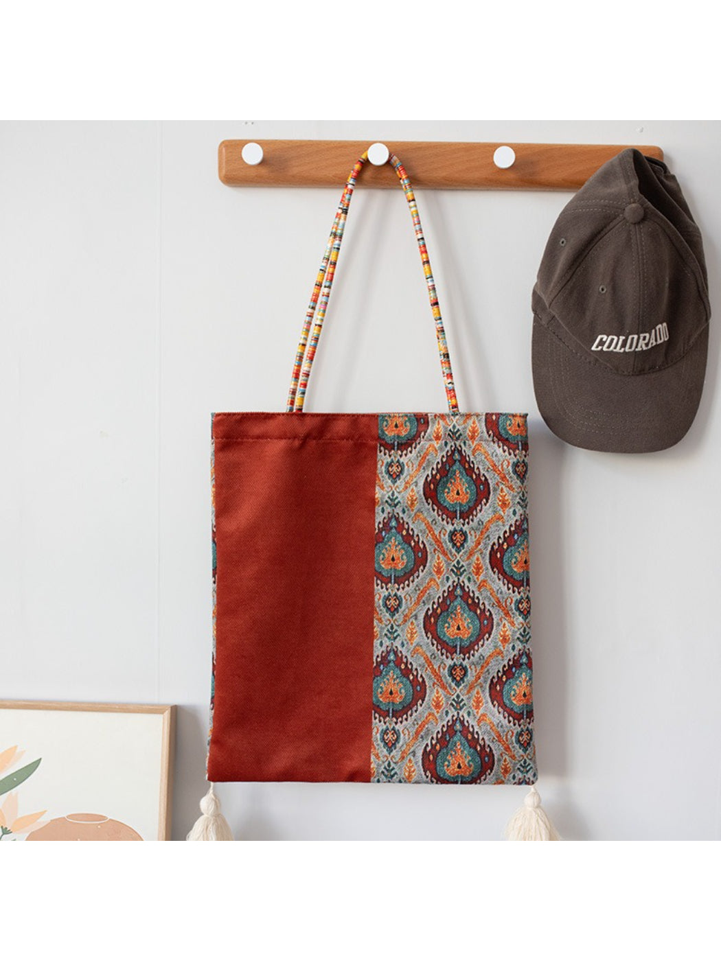 Cosbai Boho Ethnic Tassel Tote bag with colorful ethnic design and tassels on straps close-up