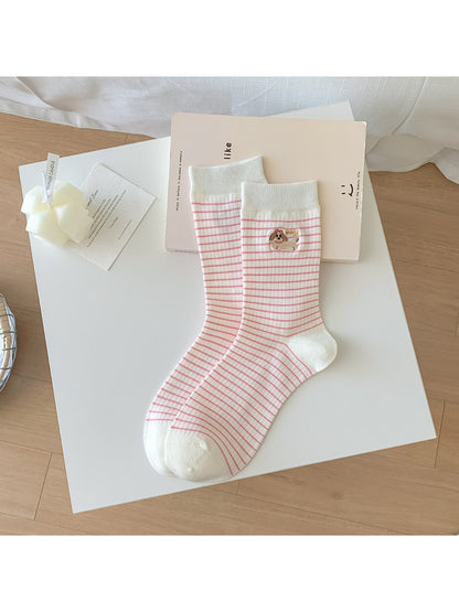 Rufia - Striped Puppy Embroidery Crew Socks