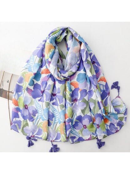 Lavender Garden Tassel Scarf folded showing floral pattern and tassel edges