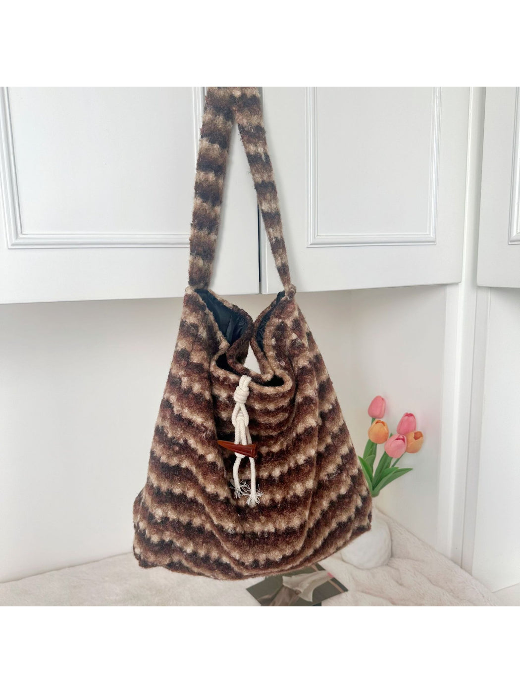 Cosbai - Soft Plaid Drawstring Shoulder Bag
