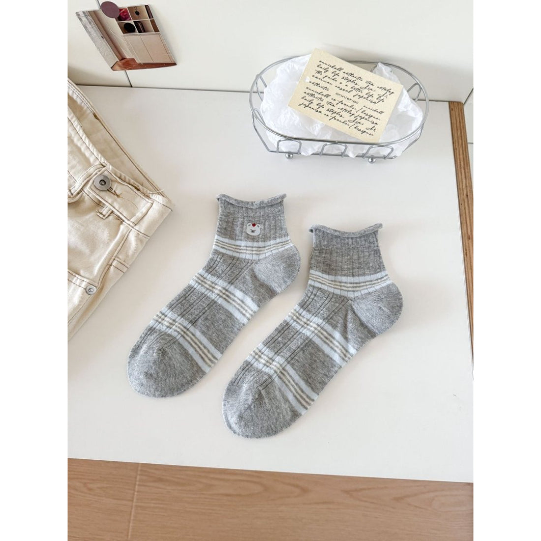 Top view of Rufia Cute Bear Stripe Crew Socks showing ribbed cuff and stripes