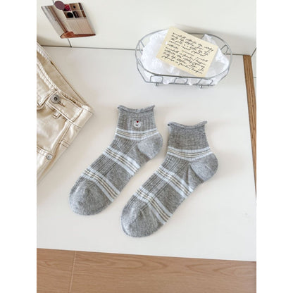 Top view of Rufia Cute Bear Stripe Crew Socks showing ribbed cuff and stripes
