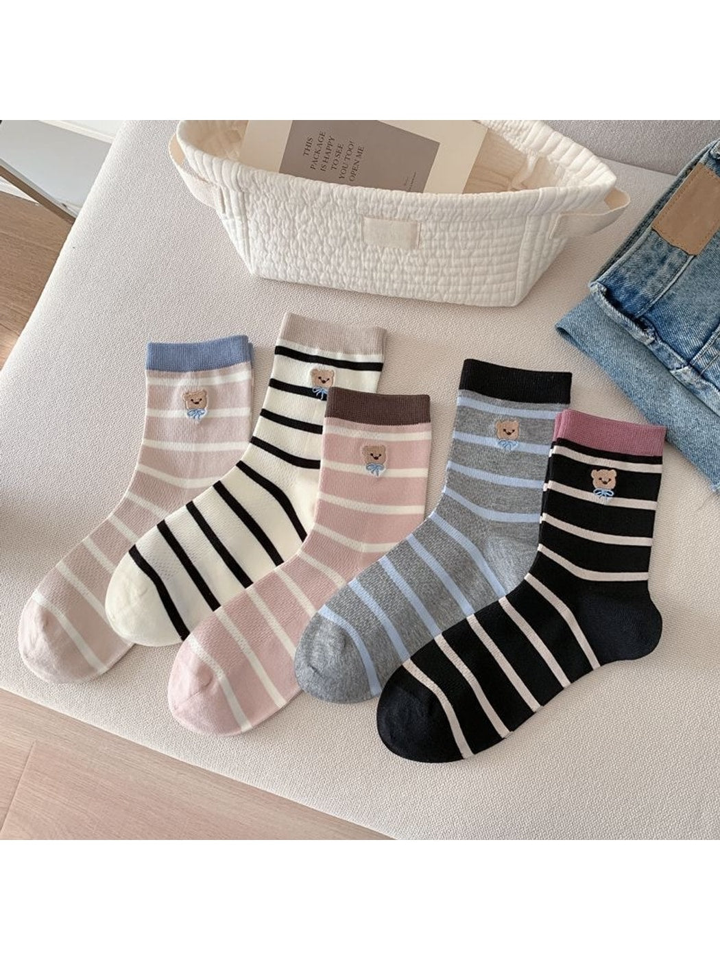 Rufia - Bear Embroidered Striped Crew Socks