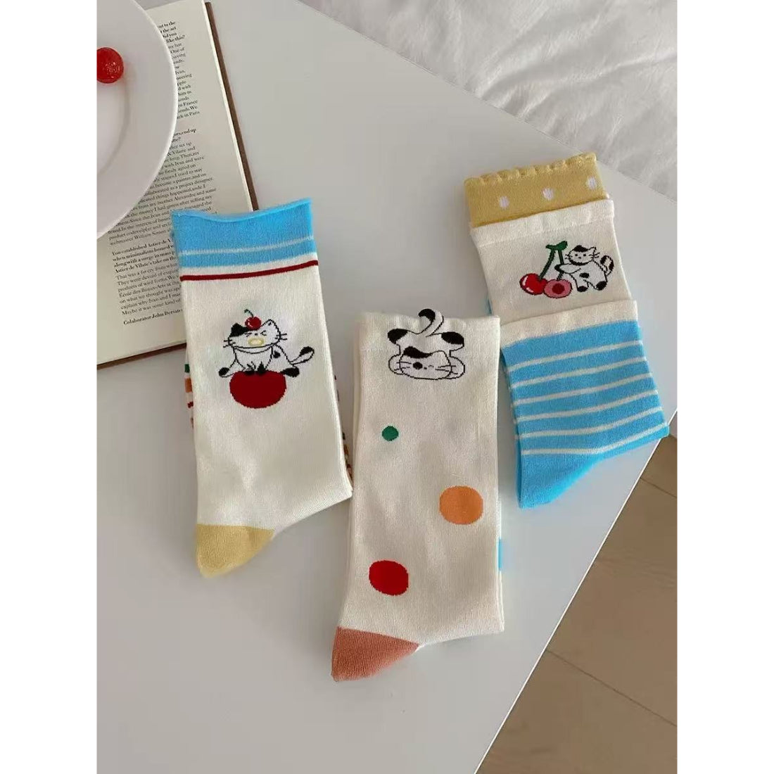 Close-up of Rufia Dog Cat Stripe Crew Socks highlighting dog and cat stripe design