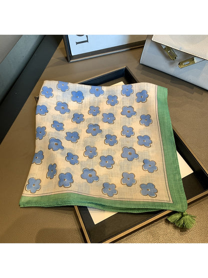 Scarvii - Blue Floral Print Tassel Detail Square Scarf