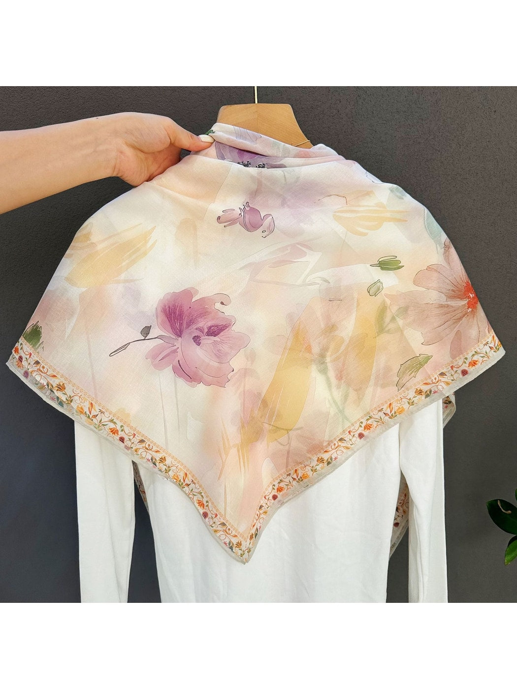 Scarvii - Soft Tone Floral Border Print Square Scarf
