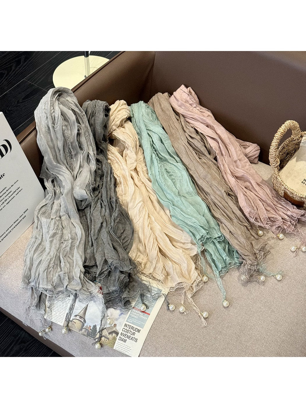 Scarvii - Elegant Solid Color Pleated Beaded Scarf