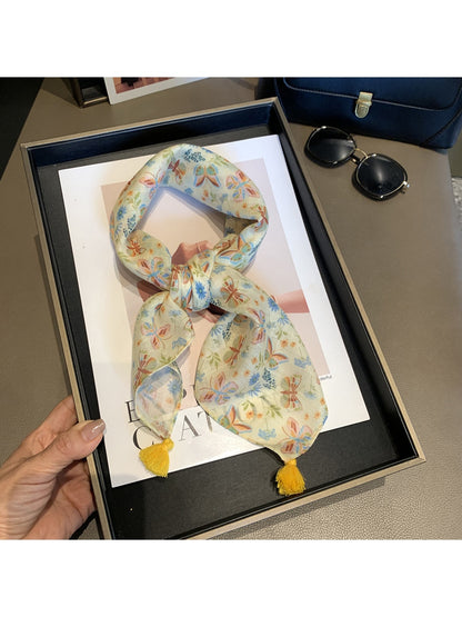 Scarvii - Butterfly Floral Print Tassel Square Scarf
