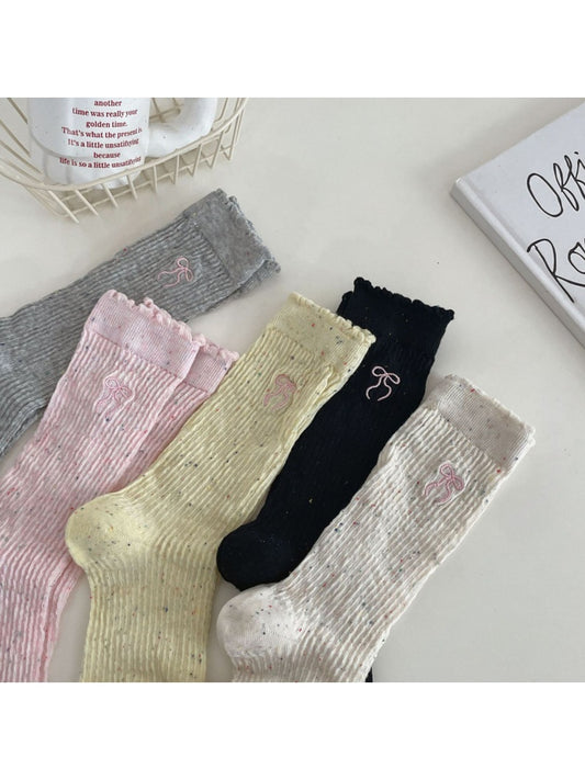 Rufia - Bow Embroidered Ruffle Cuff Heathered Crew Socks