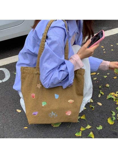 Cosbai - Denim Embroidery Tote Bag for Women