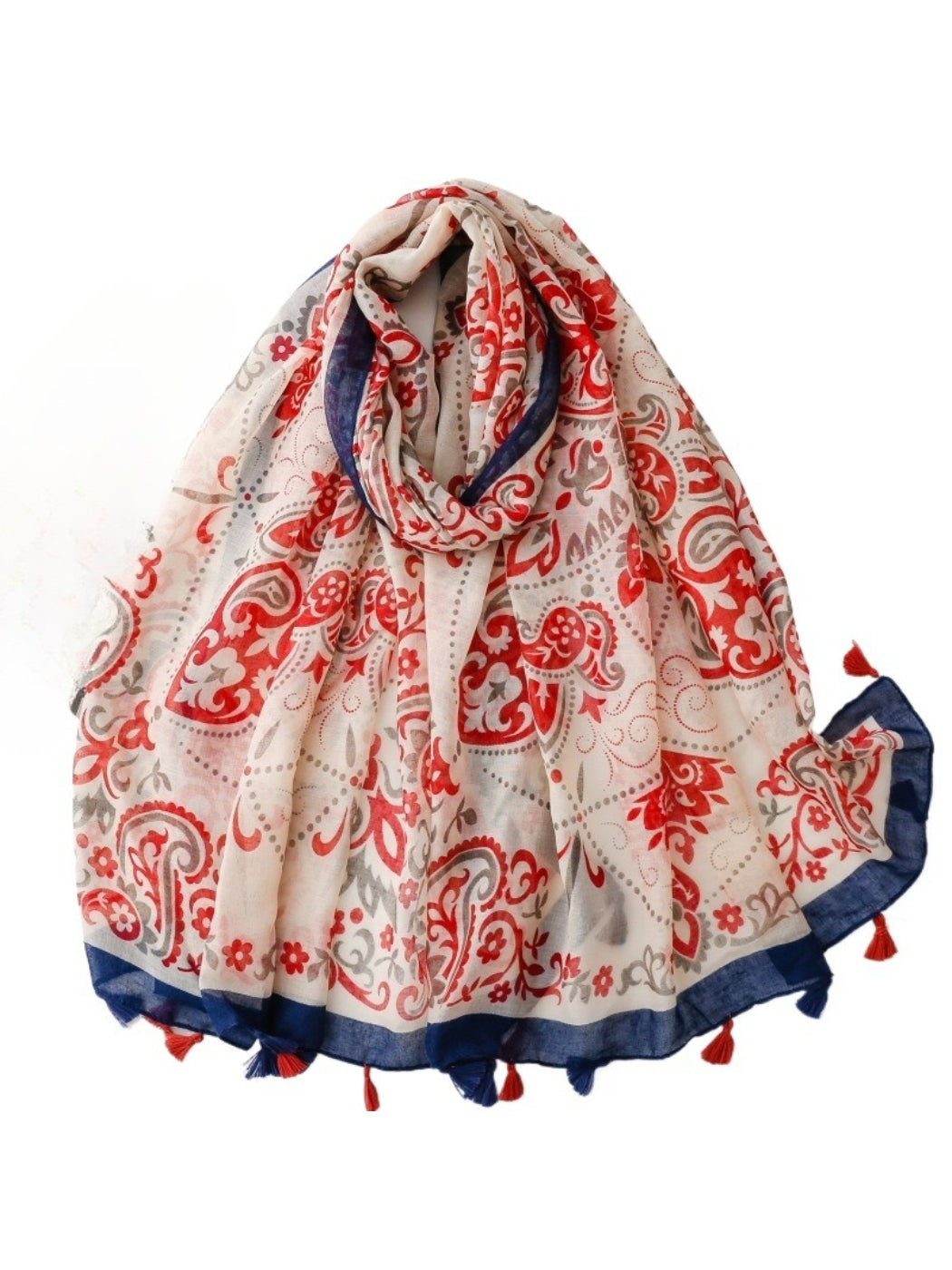 Scarvii Boho wrap scarf with red border and intricate patterns displayed flat