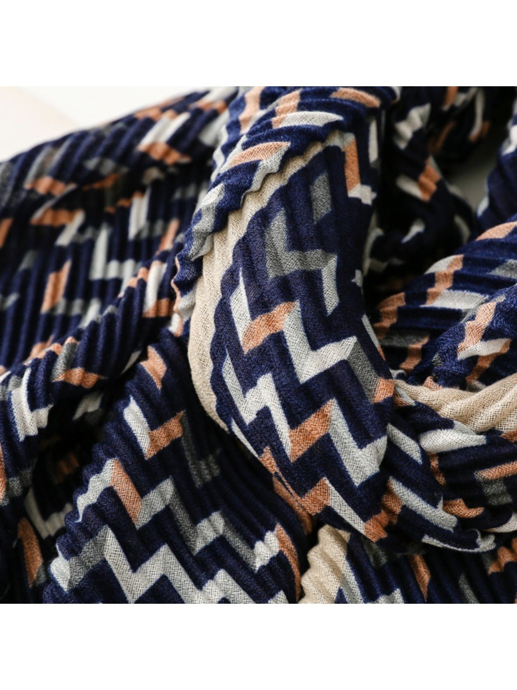 Scarvii - Vintage Navy Crinkled Scarf with Geometric