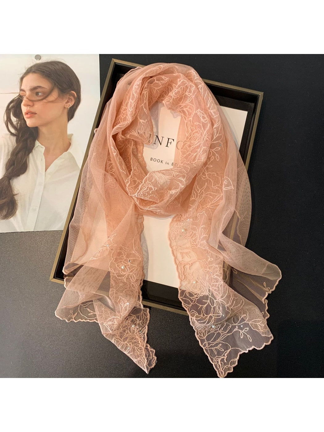 Scarvii - Floral Embroidered Solid Color Long Scarf