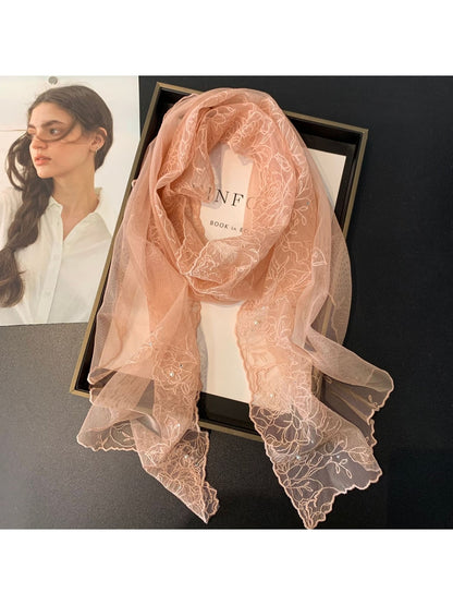 Scarvii - Floral Embroidered Solid Color Long Scarf