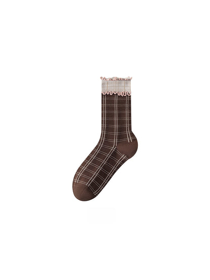 Rufia - Plaid Ruffle Trim Casual Crew Socks
