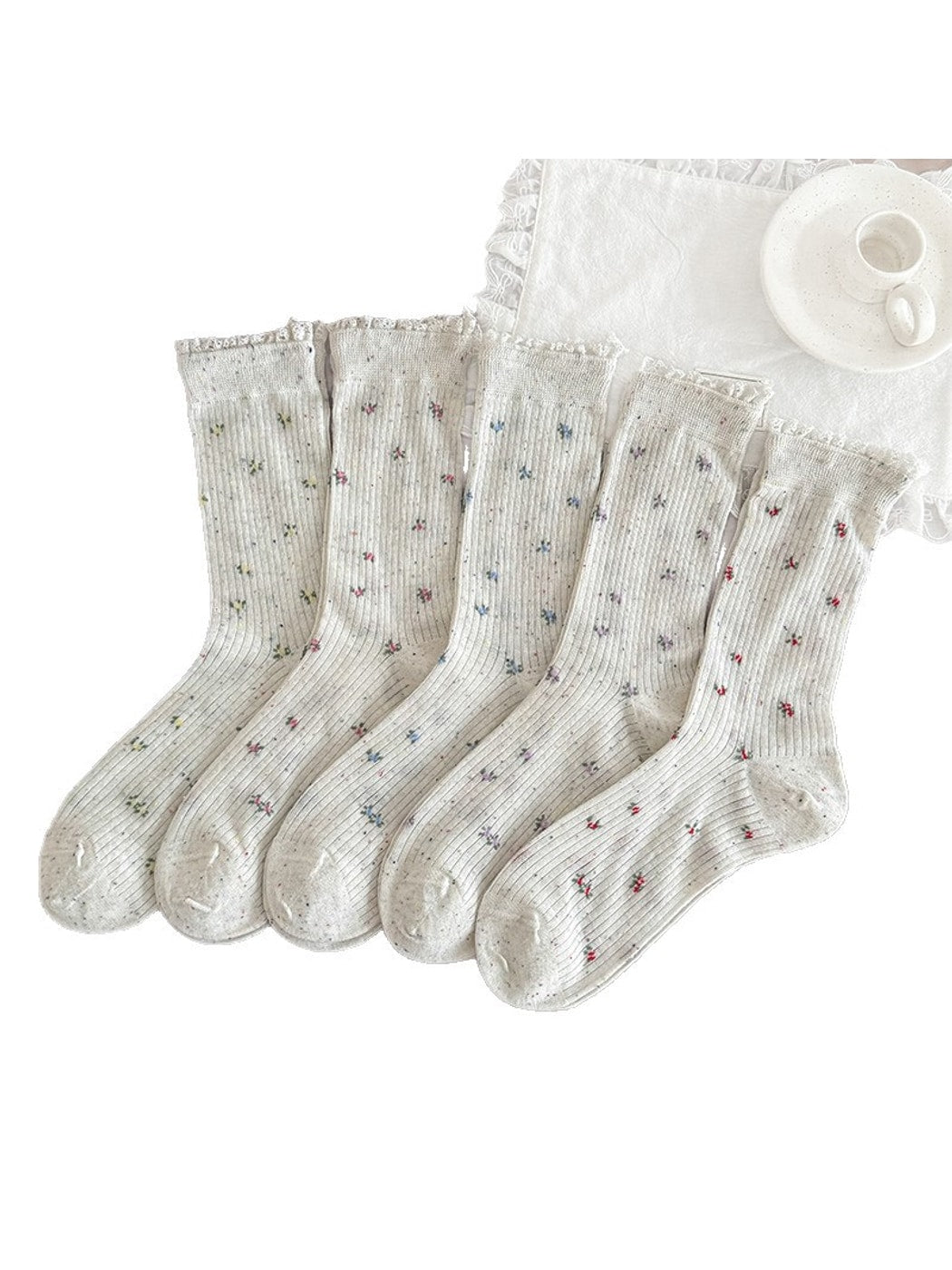 Rufia - Floral Pattern Ribbed Crew Socks