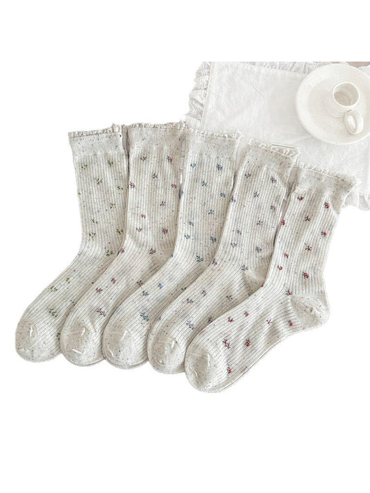 Rufia - Floral Pattern Ribbed Crew Socks