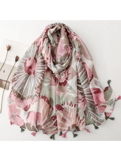 Scarvii - Pink Watercolor Floral Tassel Wrap Scarf