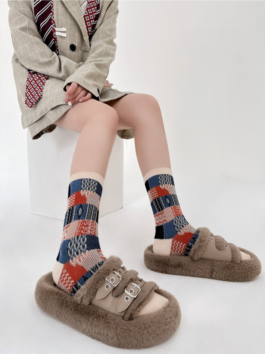Rufia - Retro Plaid Colorblock Crew Socks