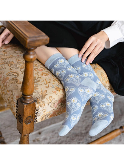 Rufia - Retro Blue Floral Mid-Calf Socks - Classic & Elegant