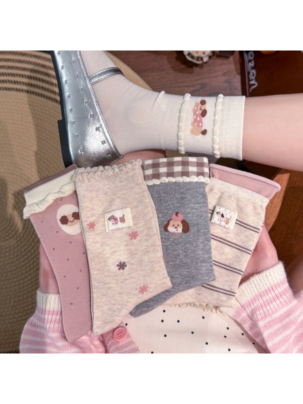 Rufia Dog Color Block Mid-Calf Socks in blue and beige color blocks