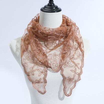 Haila veil scarf folded to display rose vine lace trim on soft fabric