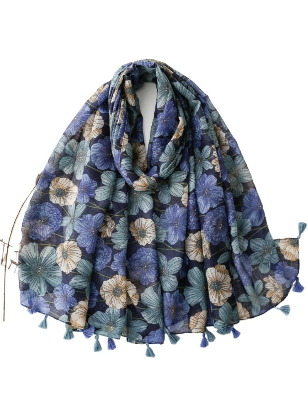 Scarvii Garden Bloom Tassel Scarf wrapped around a handbag as an accessory