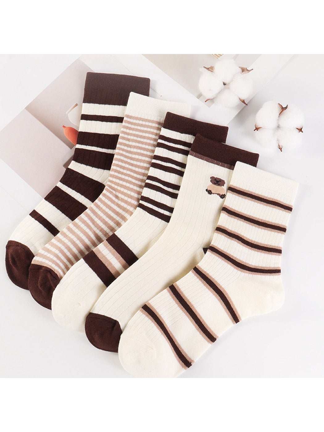 Rufia - Colorblock Striped and Bear Crew Socks