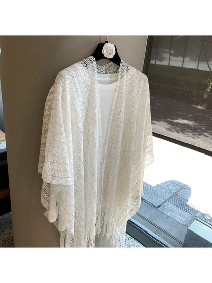 Scarvii - White Openwork Fringe Shawl Scarf
