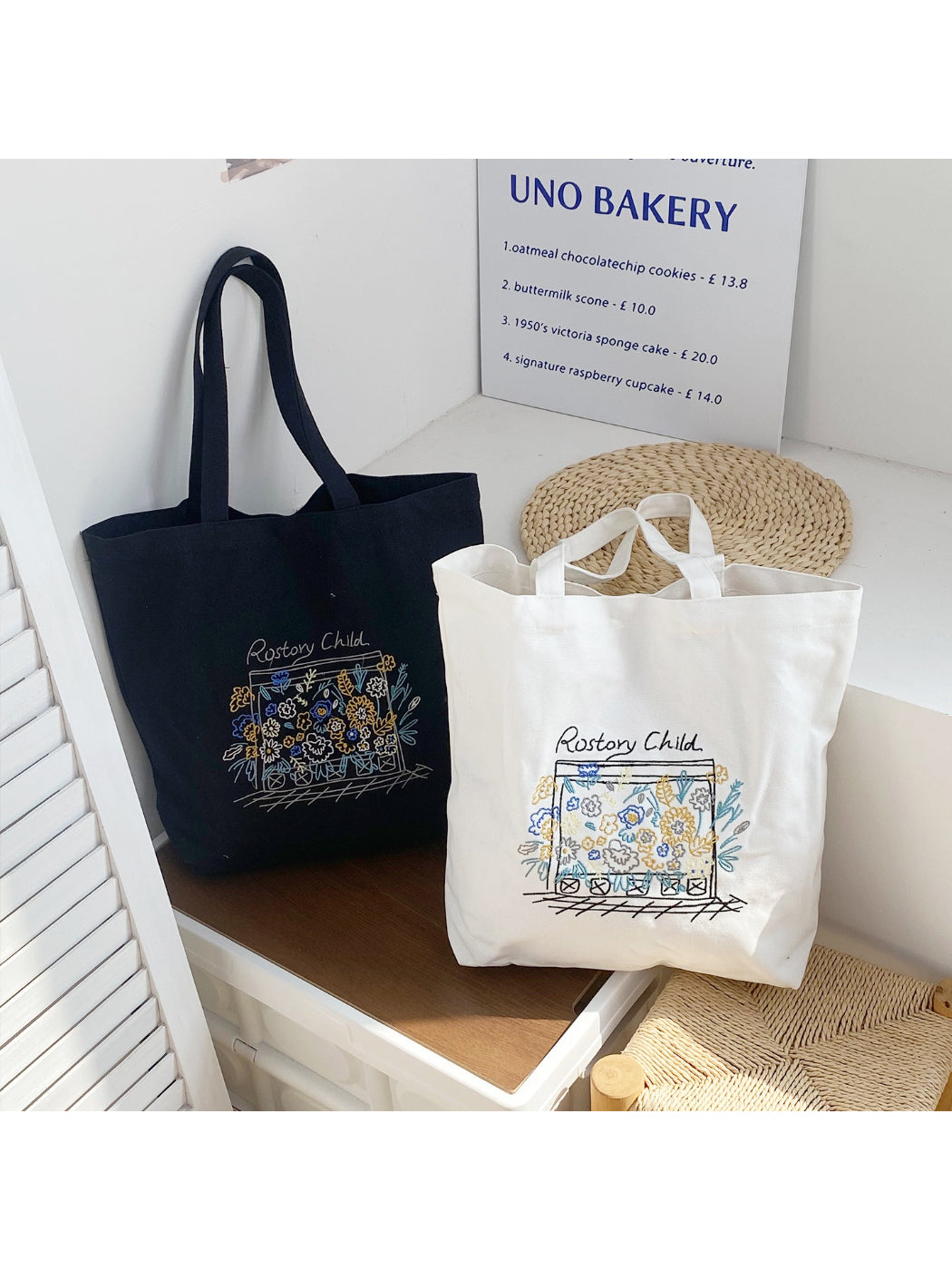 Cosbai tote bag with colorful floral illustration on white background