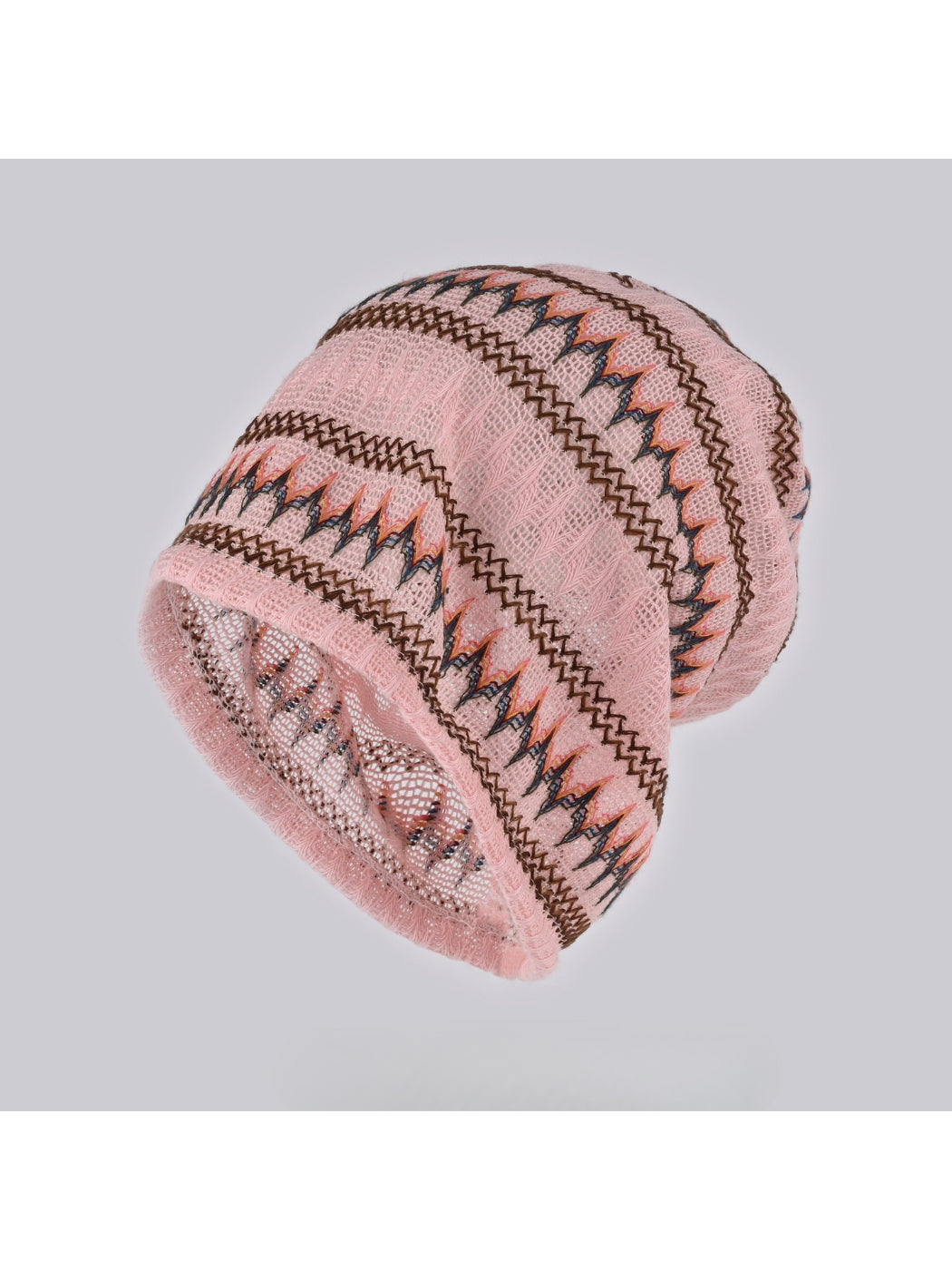 Side view of Haila hollow out knit vintage slouchy beanie in beige on white background