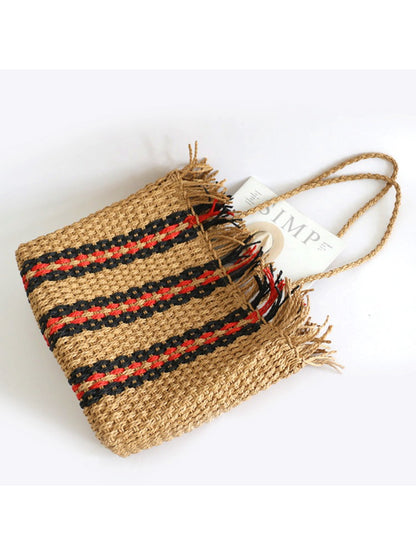 Cosbai - Fringe Stripe Straw Tote Bag - image 3