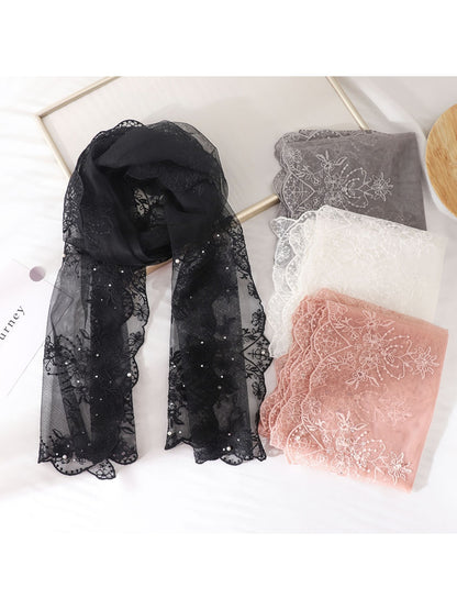 Scarvii - Floral Embroidered Sheer Long Neck Scarf