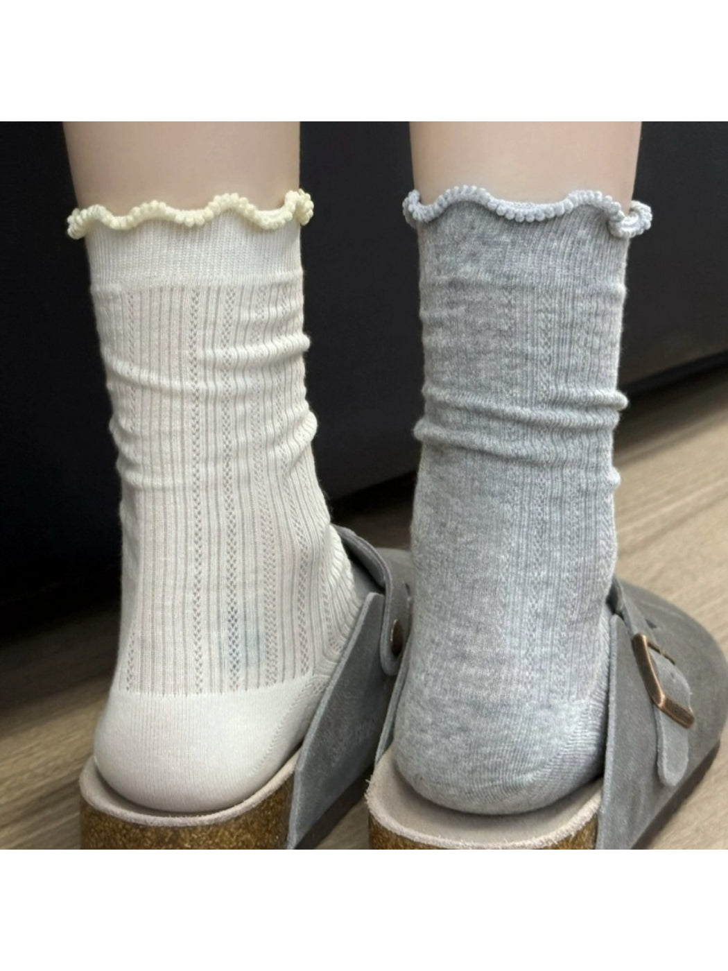 Close-up of Rufia lace white mid-calf socks showing lace pattern detail