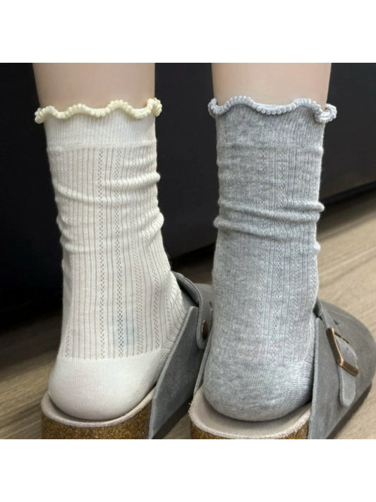 Close-up of Rufia lace white mid-calf socks showing lace pattern detail
