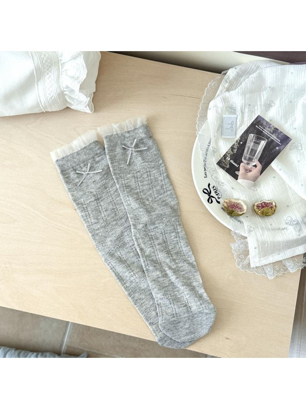Rufia - Muted Bow Solid Color Crew Socks