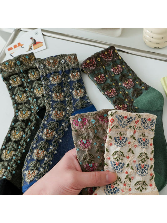 Rufia - Raised Floral Texture Crew Socks