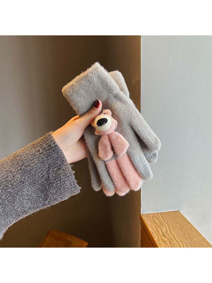 Gloving - Women's Cute Bear Accent Knit Winter Gloves