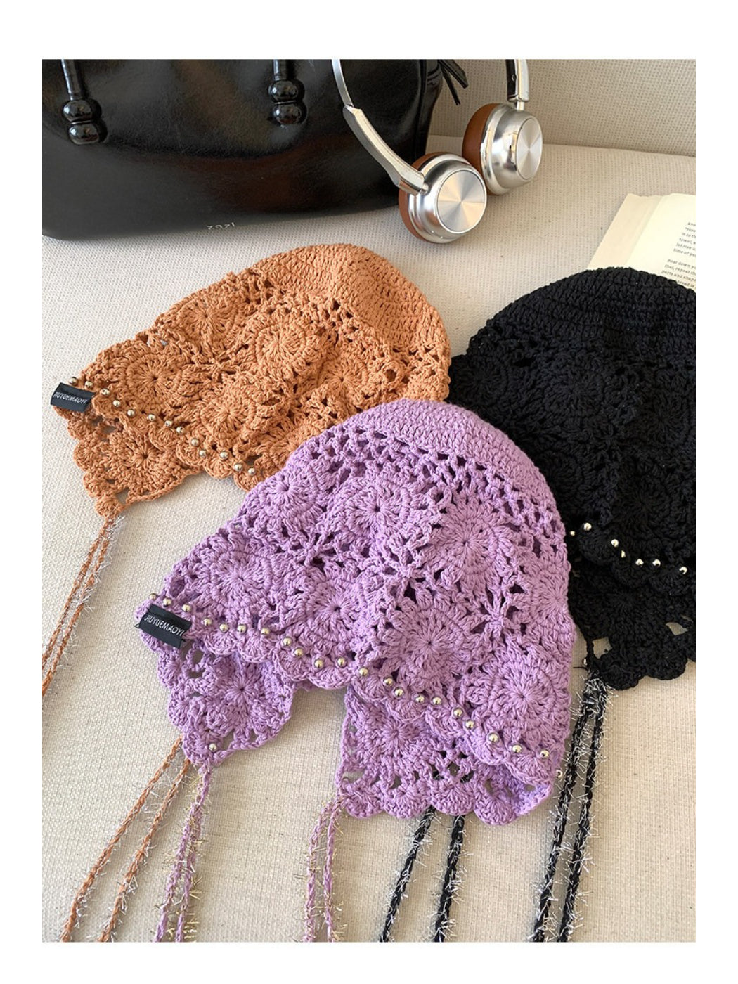 Haila - Openwork Crochet Bonnet with Beaded Trim