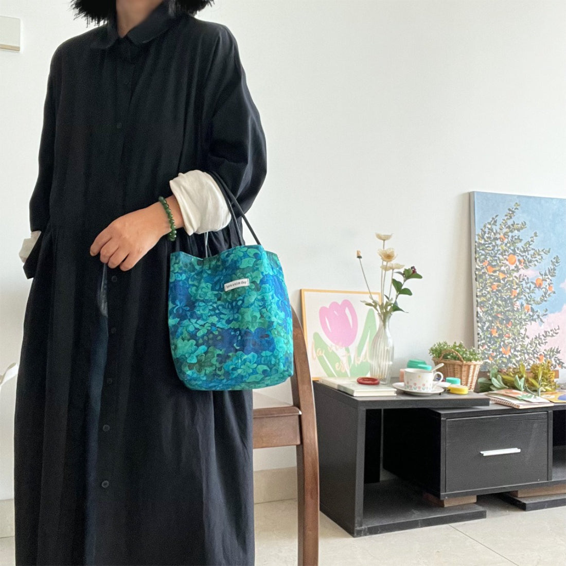 Top view of Cosbai Mixed Print Everyday Carryall Handbag highlighting zipper and interior opening