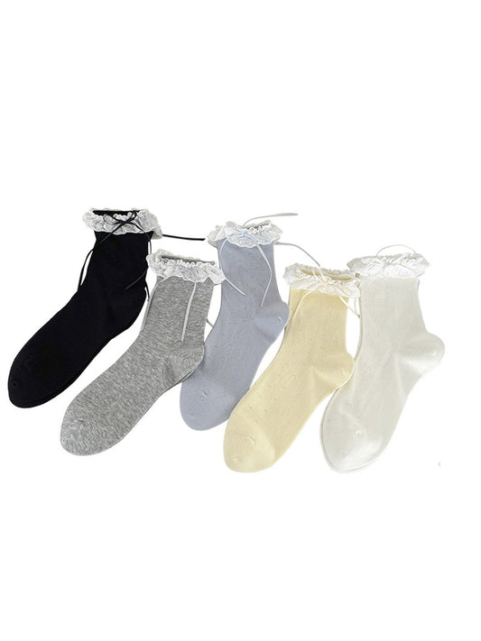 Rufia - Lace Trim Bow Detail Solid Color Crew Socks