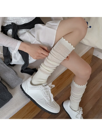 Rufia - Ribbed Knee High Socks with Scalloped Trim